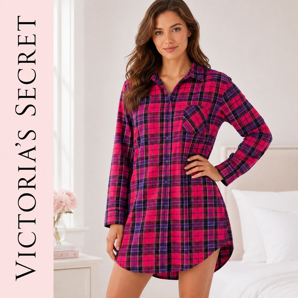 Victoria's Secret Sleepshirt Women Large Pink Plaid Metallic Button Down Cotton